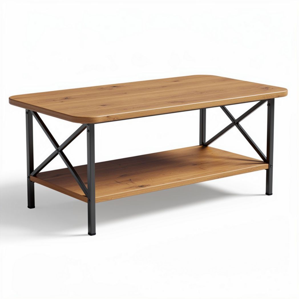 Mesa de centro de madeira com prateleira inferior e estrutura metálica 90 x 50 x 40cm