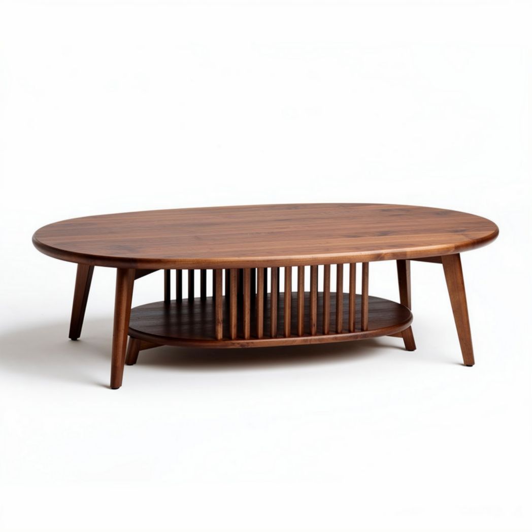 Mesa de centro ovalada em madeira com prateleira inferior 120 x 60 x 45cm