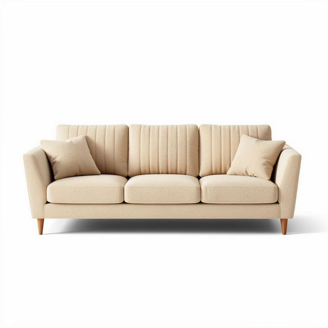 Sofá de tecido bege com três lugares e almofadas incluídas 200 x 90 x 85cm