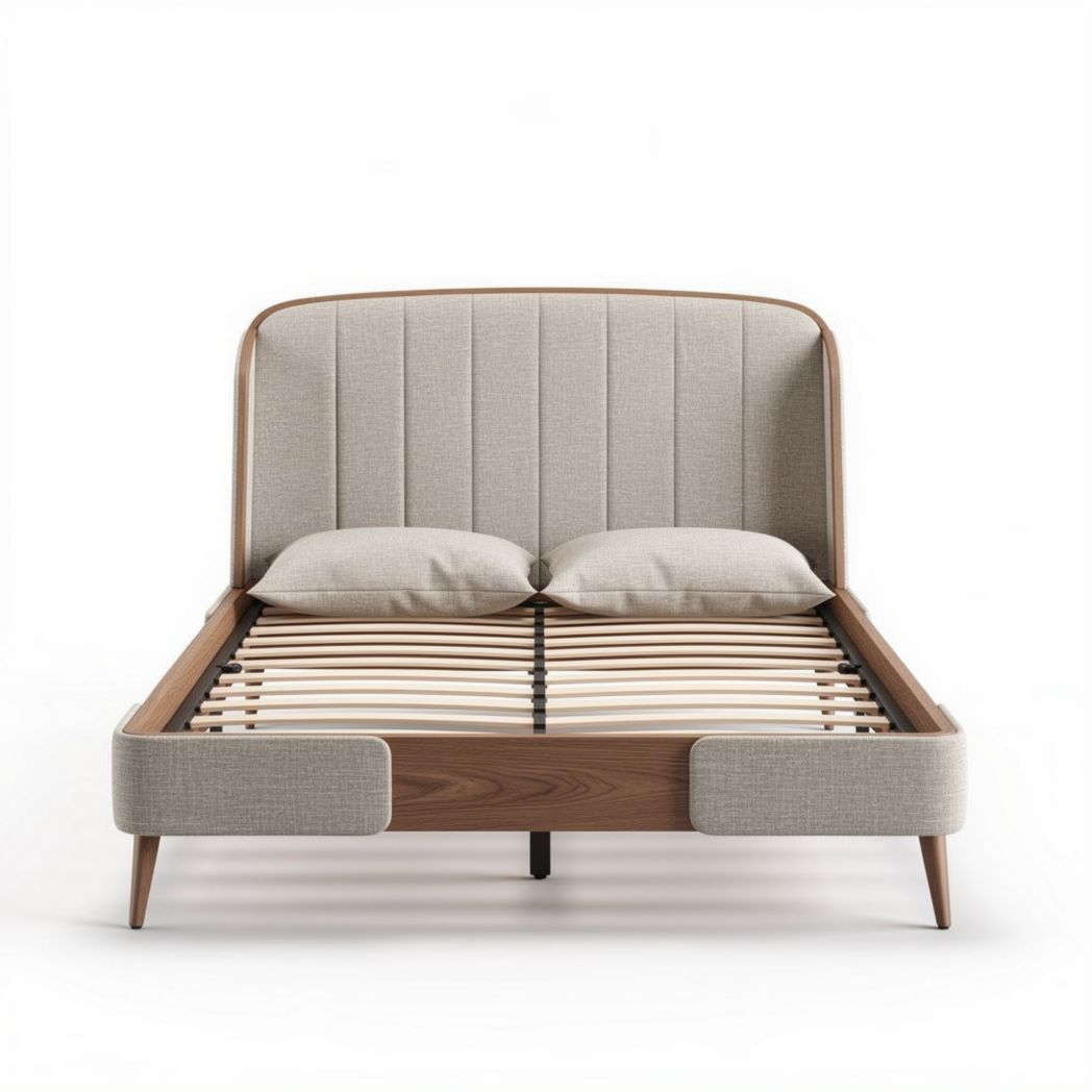 Cama de casal em madeira com cabeceira estofada em tom claro 200 x 160 x 100cm