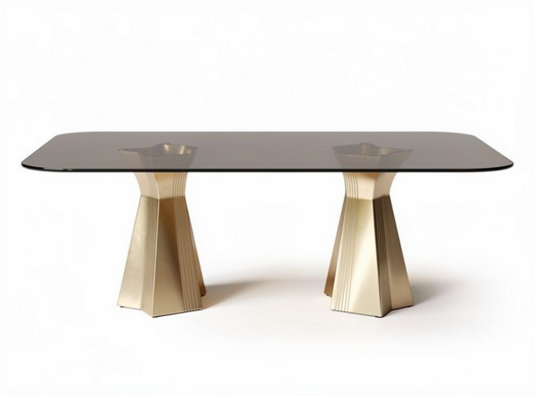 Mesa retangular de vidro preto com base em metal dourado 200 x 100 x 75cm