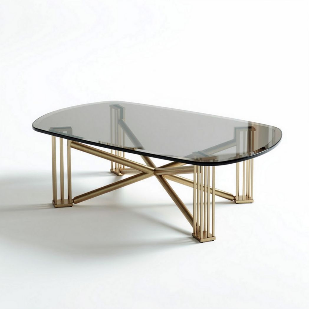Mesa de café ovalada de vidro fumê com base em metal dourado 120 x 60 x 45cm